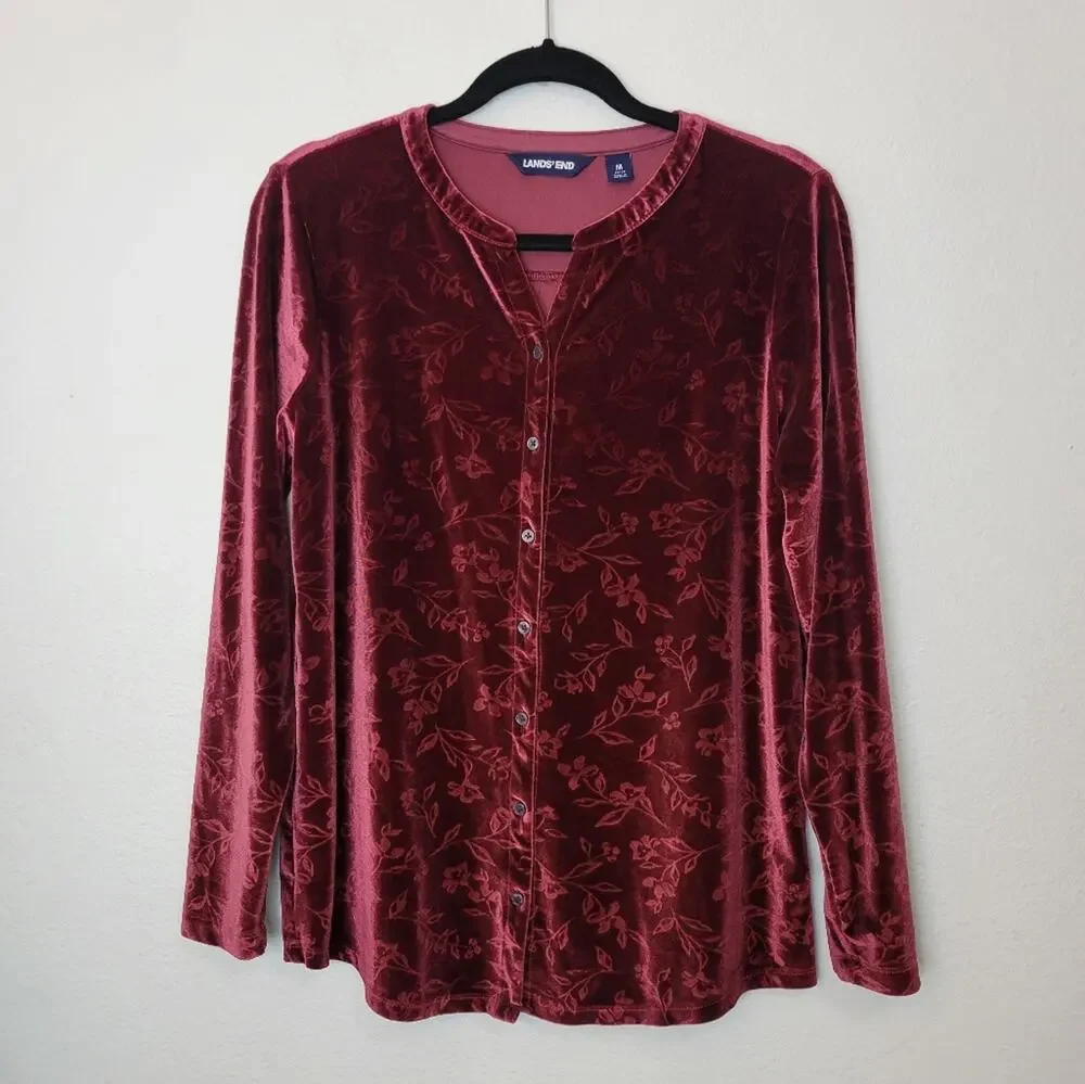 LANDS' END Red Velvet Burnout Embossed Button Down Top Dressy Festive Fall Sz M